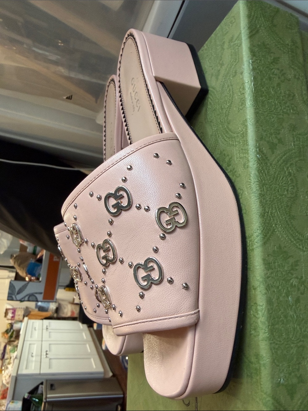 Gucci Pink Leather Studded GG Slide Mules - Picture 3 of 6